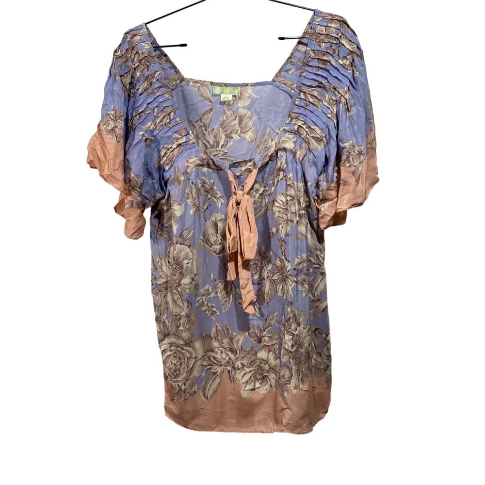 Women’s Lil Anthropologie Blue and Pink Floral Blouse Shirt 100% Silk Size 14
